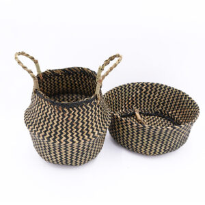 Hand Woven Striped Seagrass Plant Basket