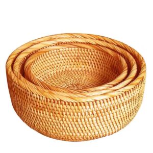 Vintage Round Rattan Bowl For Home Kitchen Set 3