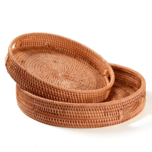 Nordic Rattan Round Rustic Retro Serving Trays Set